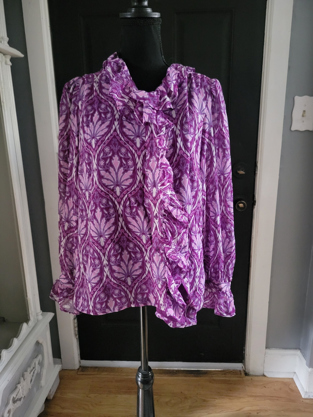 Talbots Purple Ruffle-Front Printed Blouse - Picture 2 of 4